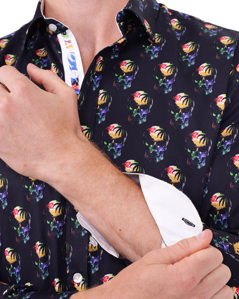 Black Colourful Skull Print Shirt with Matching Handkerchief-Makrom