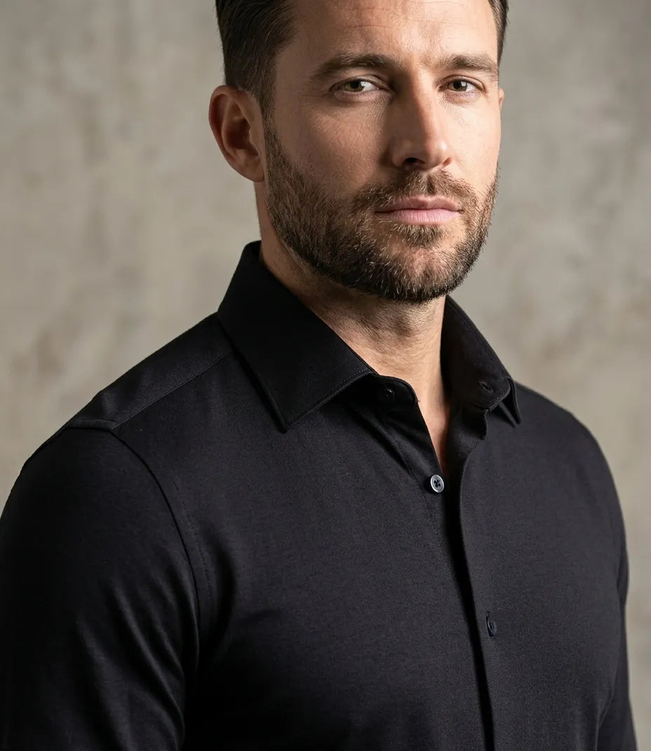 Black Cotton Plain Muscle fit Stretch Shirt