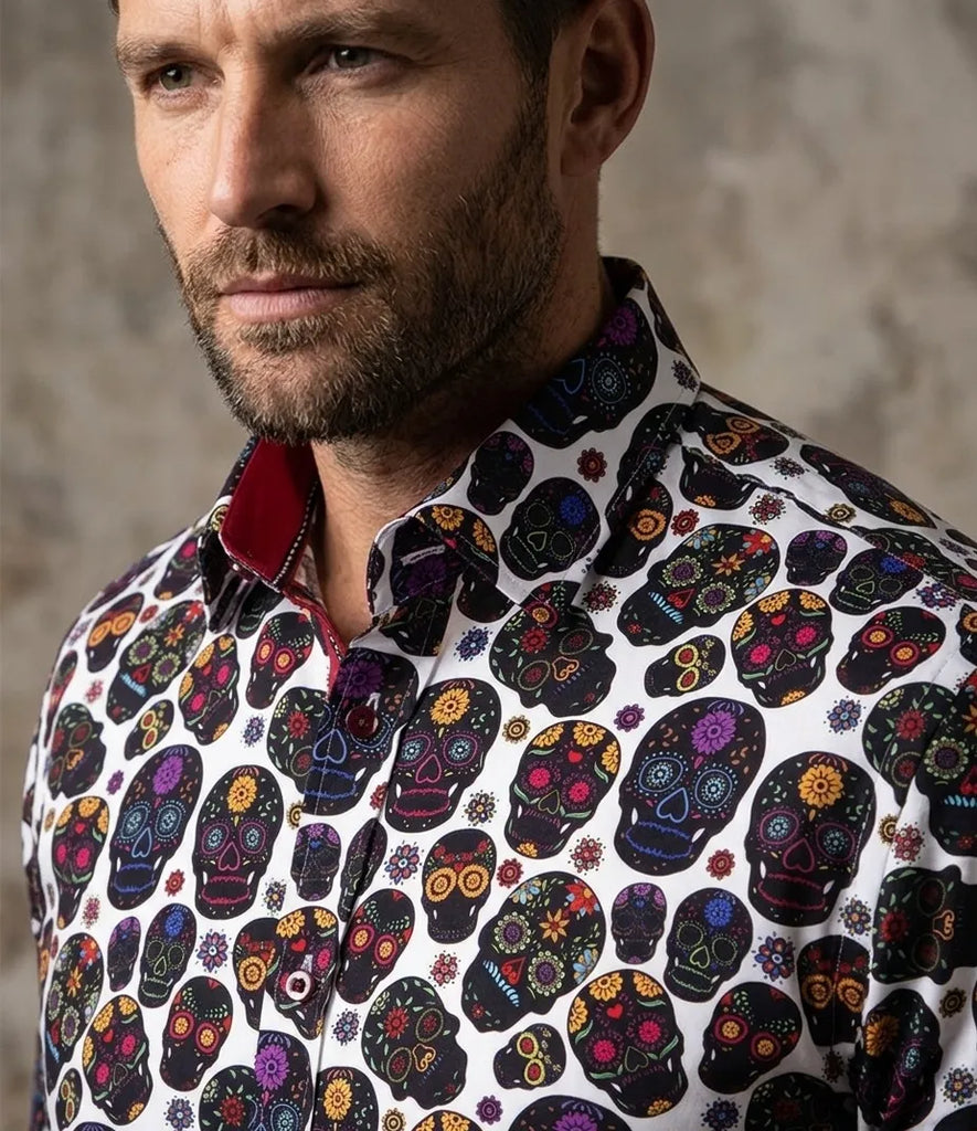 Black Day of the Dead Skull Print Shirt with Matching Handkerchief