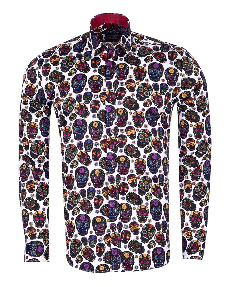 Black Day of the Dead Skull Print Shirt with Matching Handkerchief-Makrom