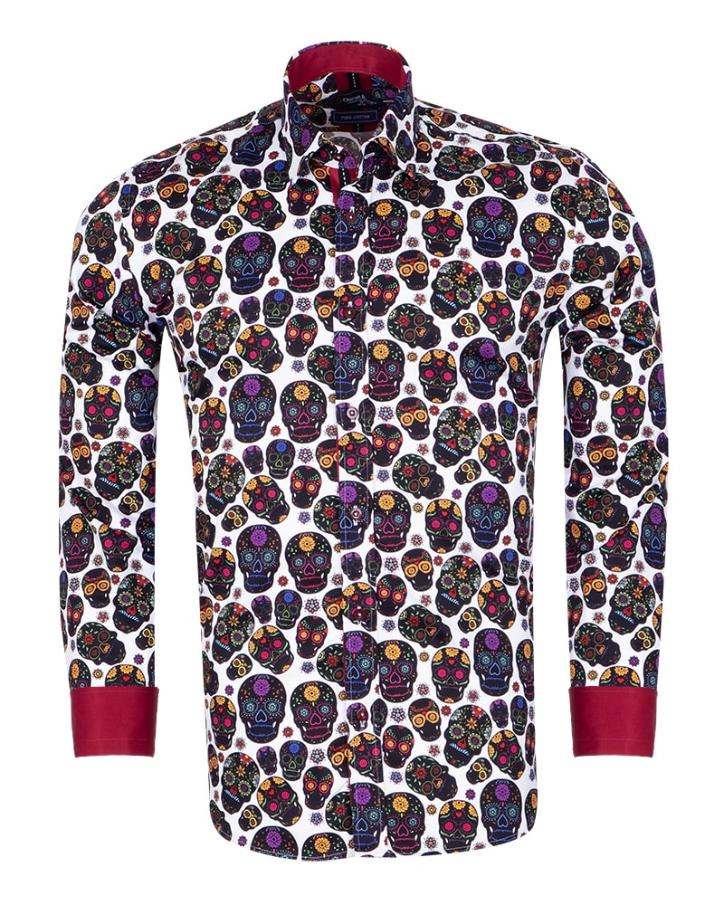 Black Day of the Dead Skull Print Shirt with Matching Handkerchief-Makrom