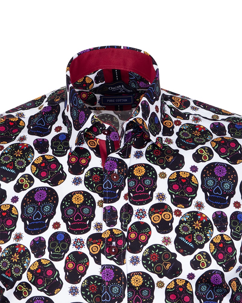 Black Day of the Dead Skull Print Shirt with Matching Handkerchief-Makrom