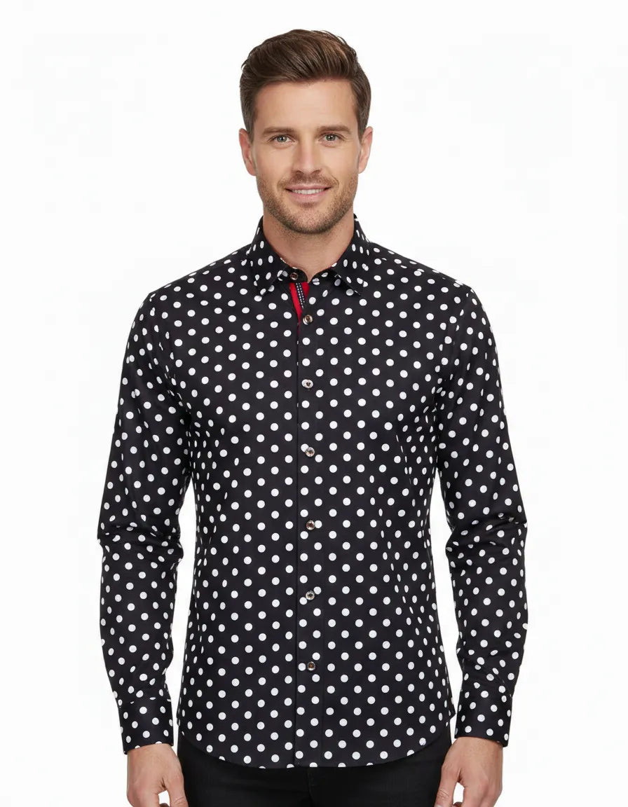 Black Dot Print Men's Shirt with Matching Handkerchief-Makrom