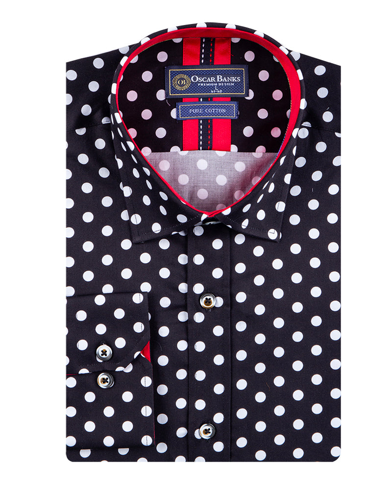 Black Dot Print Men's Shirt with Matching Handkerchief-Makrom