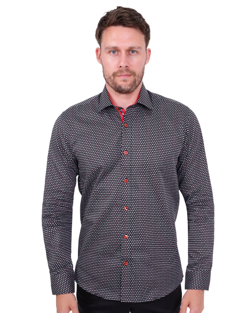 Black Dotted Mosaic Print Shirt with Matching Handkerchief-Makrom