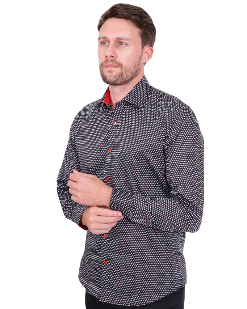 Black Dotted Mosaic Print Shirt with Matching Handkerchief-Makrom