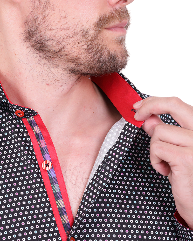 Black Dotted Mosaic Print Shirt with Matching Handkerchief-Makrom