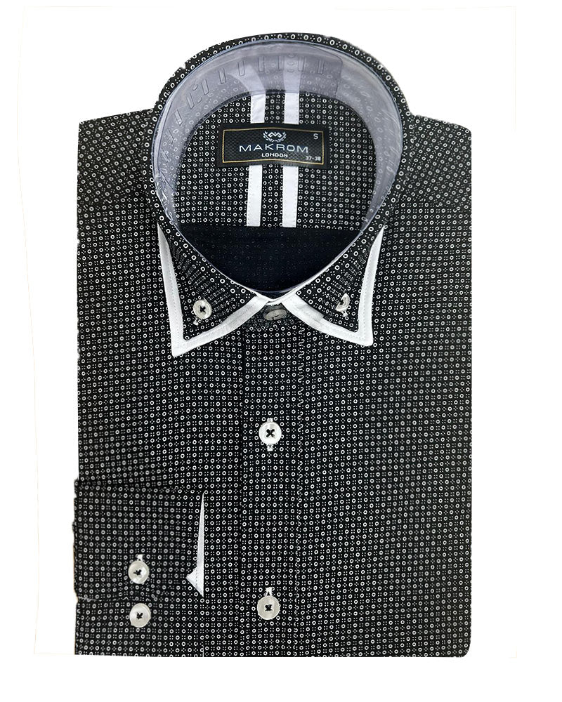 Black Double Collar Mini Polka Dot Men's Shirt-Makrom