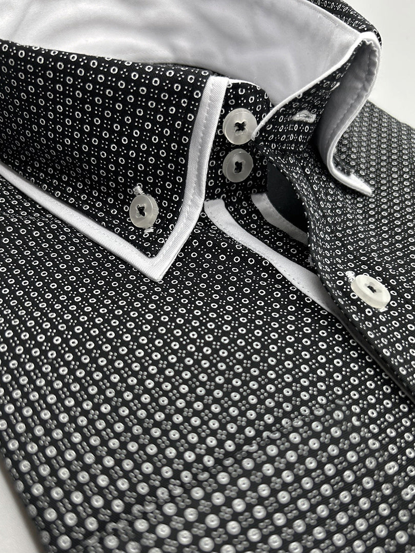 Black Double Collar Mini Polka Dot Men's Shirt-Makrom