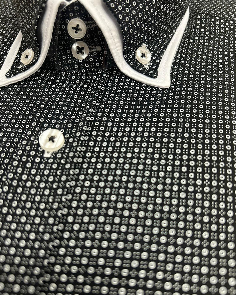Black Double Collar Mini Polka Dot Men's Shirt-Makrom