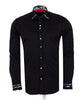 Black dress shirt with colorful trim on a white background