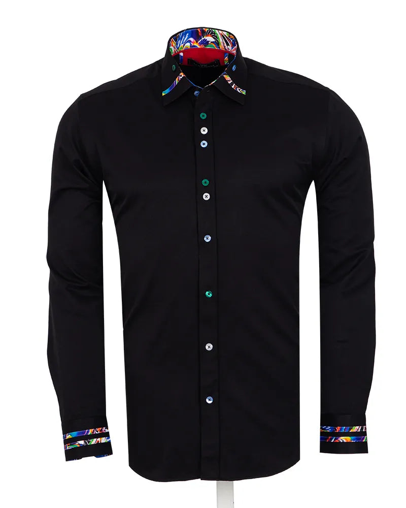 Black dress shirt with colorful trim on a white background
