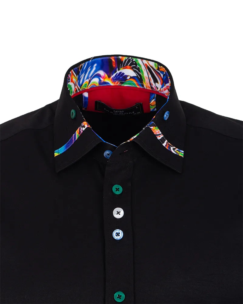 Black shirt with a colorful collar on a white background