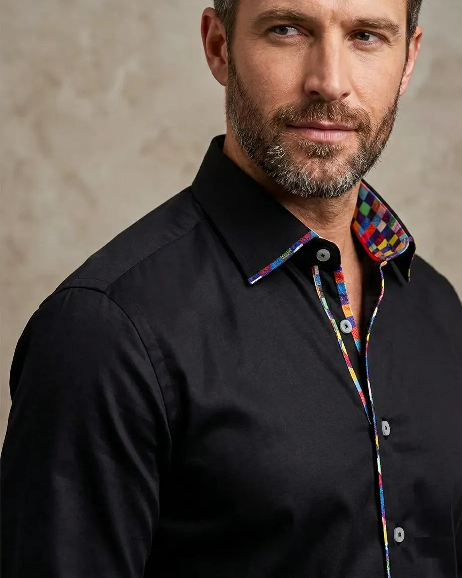 Black Fashion Shirt with Multicolour Collar Tip Design