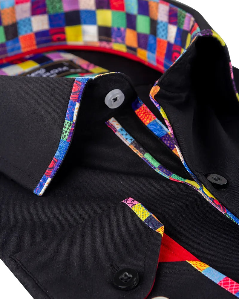 Black Fashion Shirt with Multicolour Collar Tip Design-Makrom