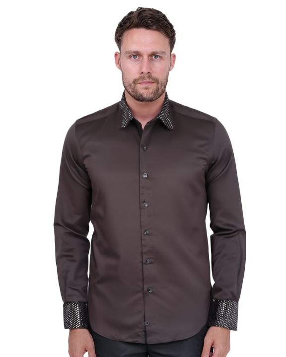 Black Fashion Shirt with Sequin Collar & Sleeve Design-Makrom
