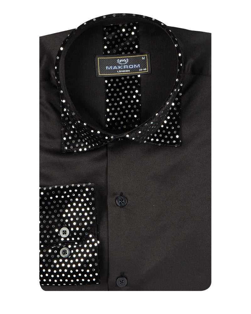 Black Fashion Shirt with Sequin Collar & Sleeve Design-Makrom