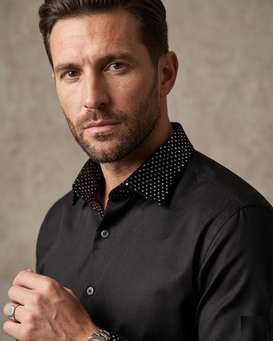 Black Fashion Shirt with Sequin Collar & Sleeve Design