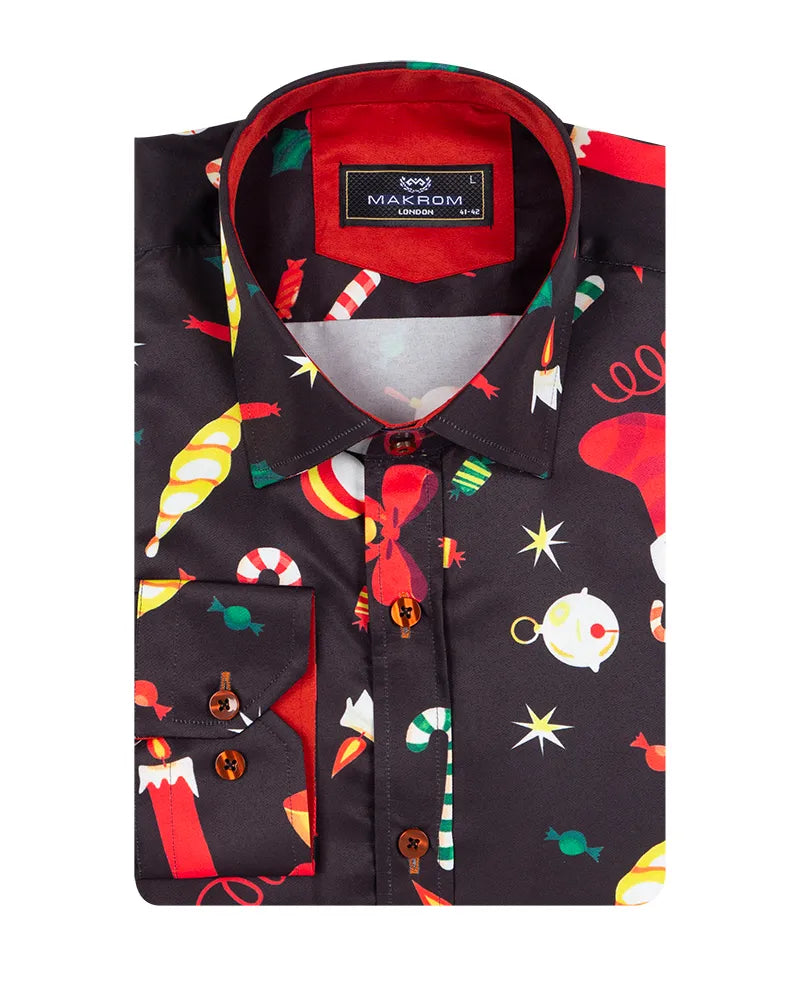 Black Festive Christmas Print Shirt-Makrom