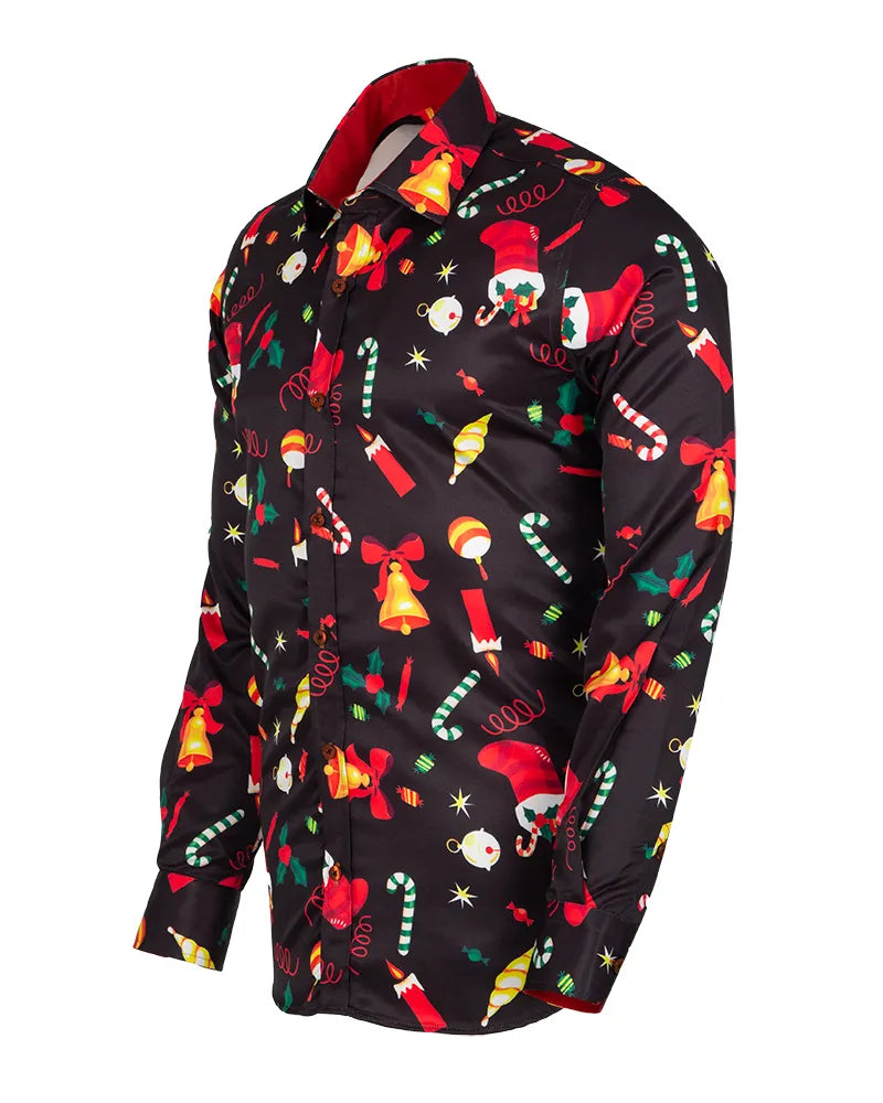 Black Festive Christmas Print Shirt-Makrom