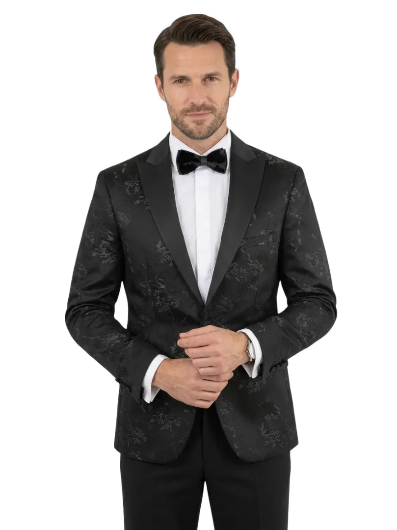 Black Floral Flock Design Blazer with Contrasting Lapel & Matching Bow Tie-Makrom