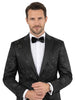 Black Floral Flock Design Blazer with Contrasting Lapel & Matching Bow Tie-Makrom