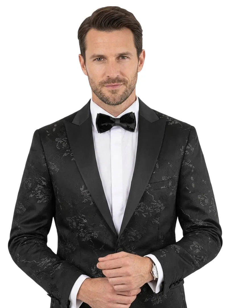Black Floral Flock Design Blazer with Contrasting Lapel & Matching Bow Tie-Makrom