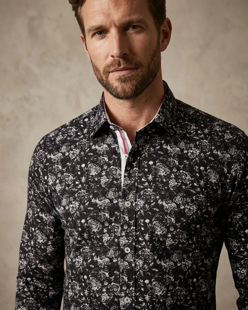 Black Floral Print Shirt with Matching Handkerchief