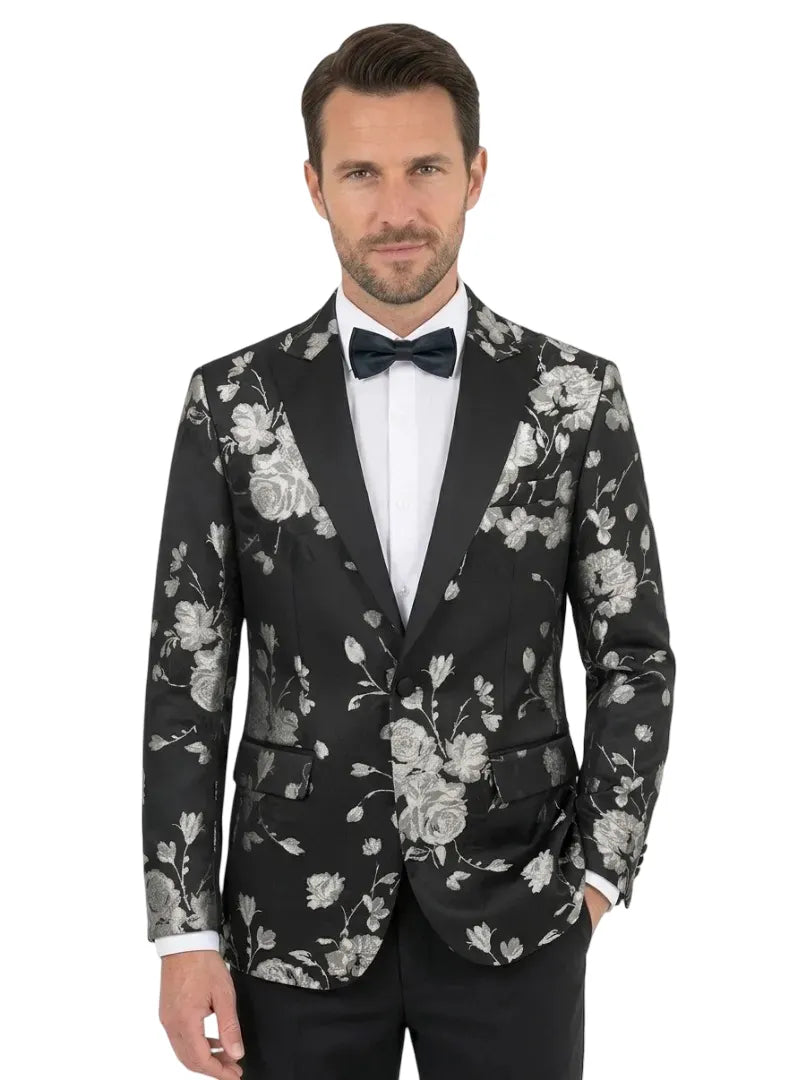 Black Flower Design Blazer with Contrasting Lapel-Makrom
