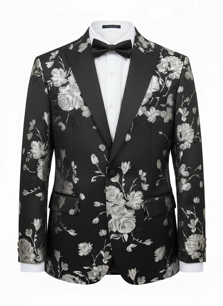 Black Flower Design Blazer with Contrasting Lapel-Makrom