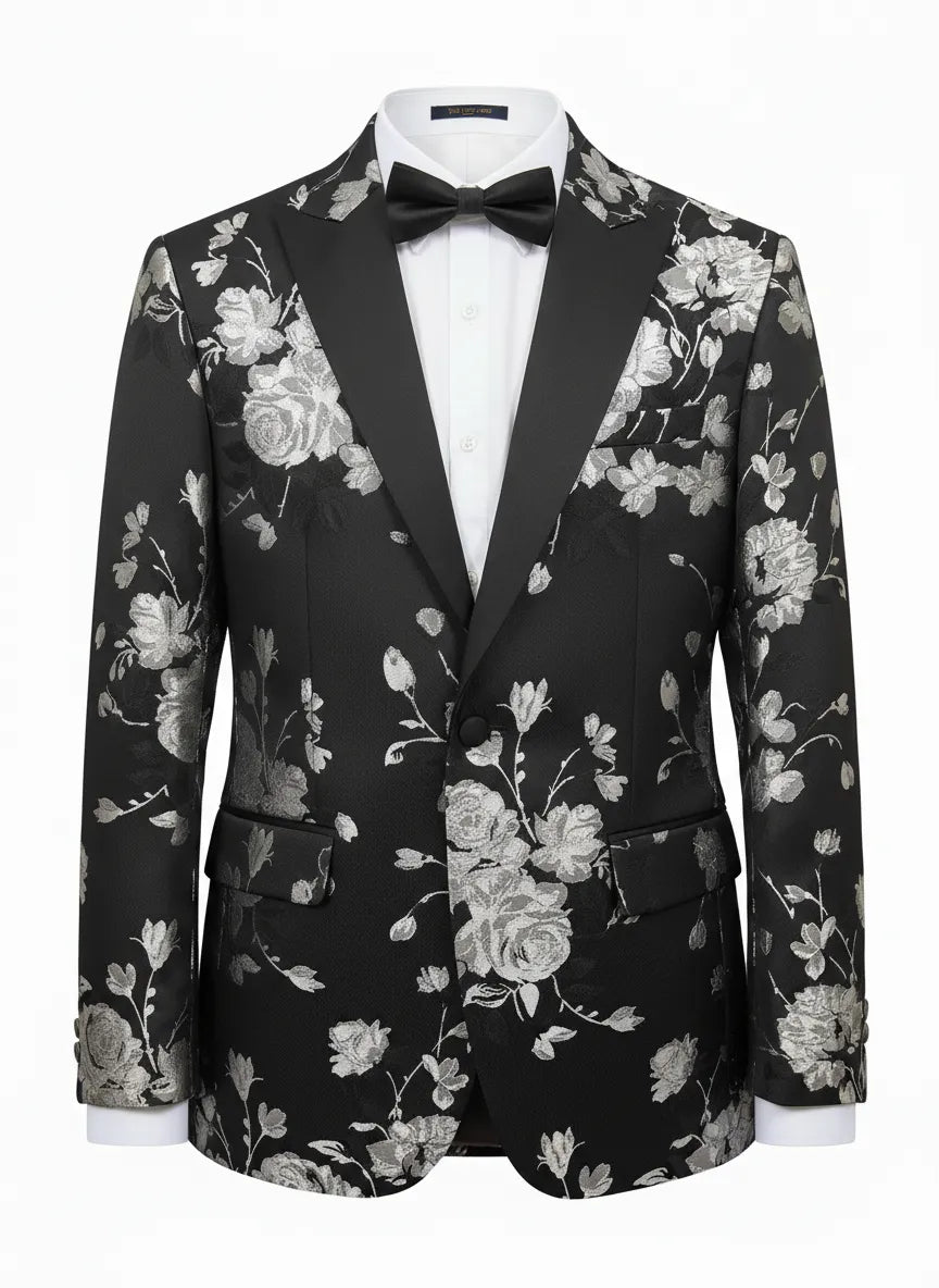 Black Flower Design Blazer with Contrasting Lapel-Makrom
