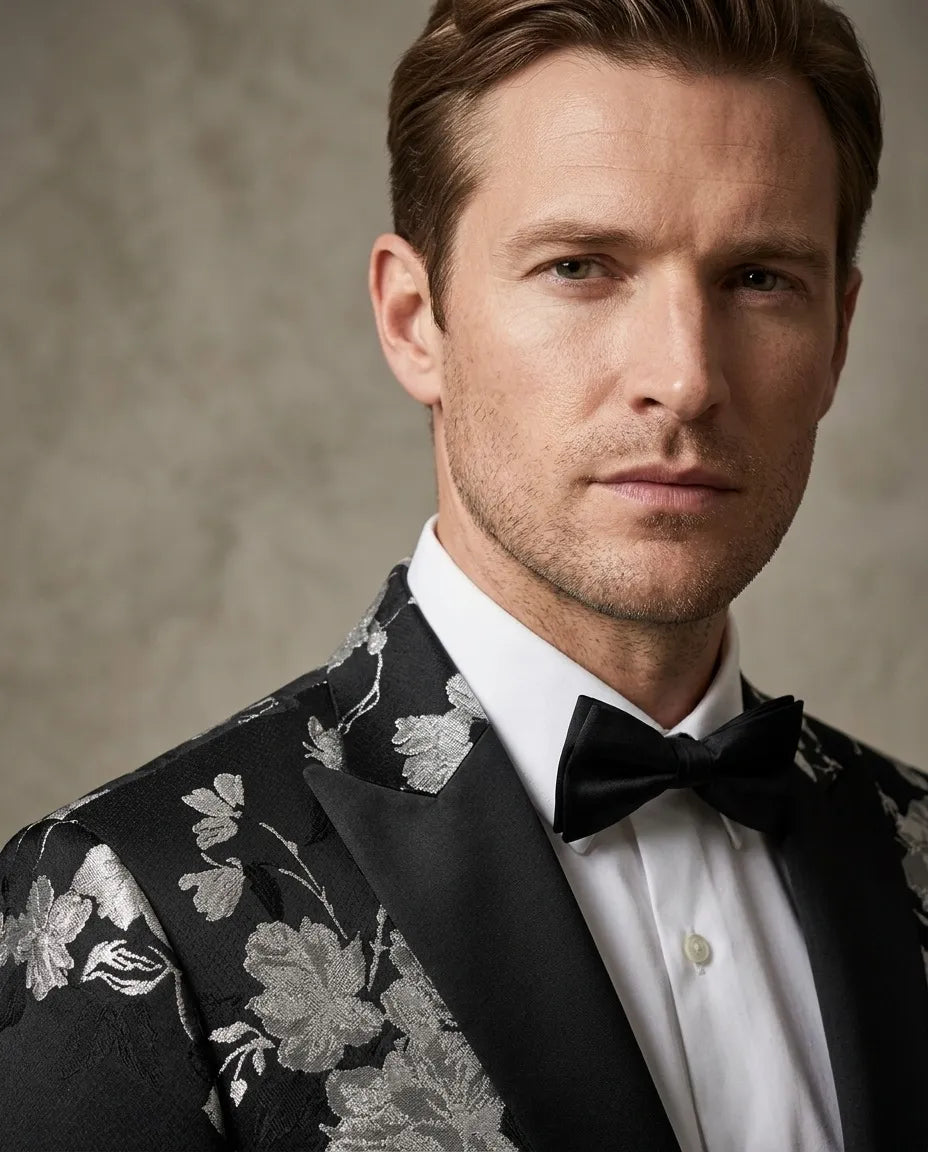 Black Flower Design Blazer with Contrasting Lapel