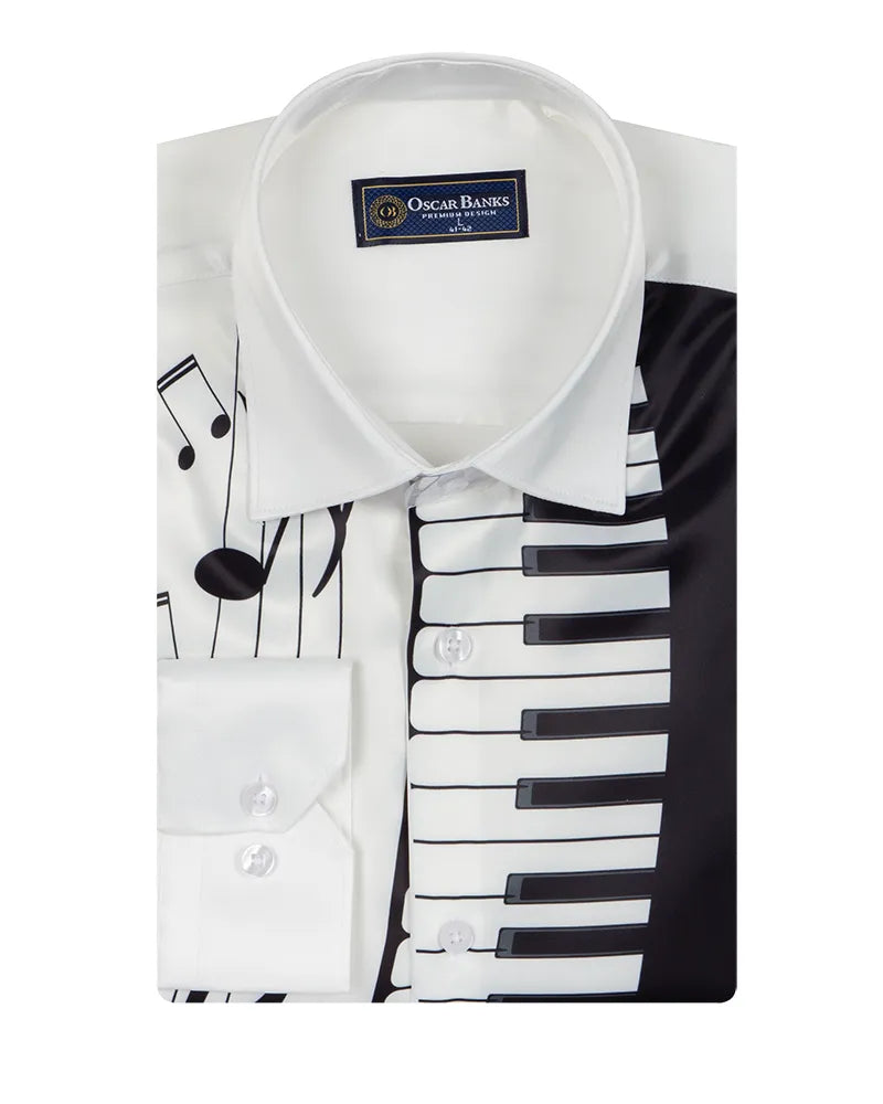 Black Musical Print Satin Men`s Shirt-Makrom