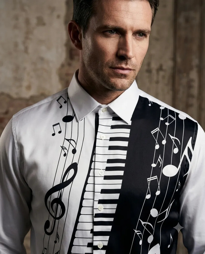 Black Musical Print Satin Men`s Shirt