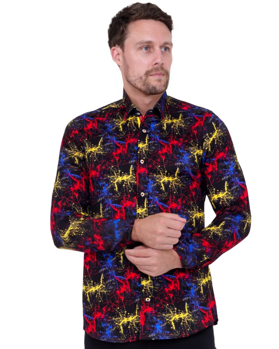 Black Paint Splatter Print Men's Shirt with Matching Handkerchief-Makrom