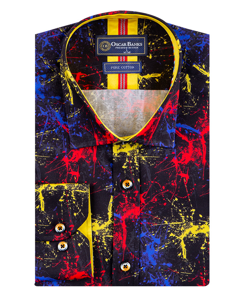 Black Paint Splatter Print Men's Shirt with Matching Handkerchief-Makrom