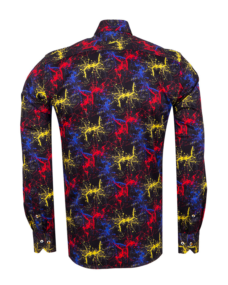 Black Paint Splatter Print Men's Shirt with Matching Handkerchief-Makrom