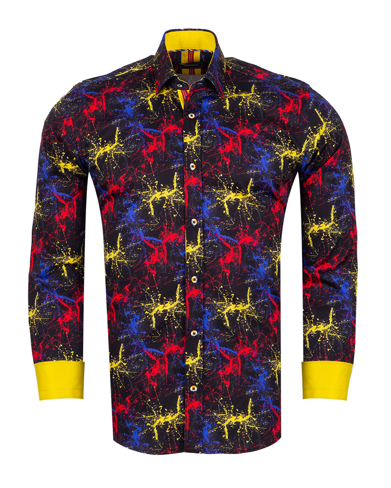 Black Paint Splatter Print Men's Shirt with Matching Handkerchief-Makrom