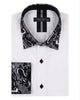 White dress shirt with black paisley patterned collar and cuff on a white background