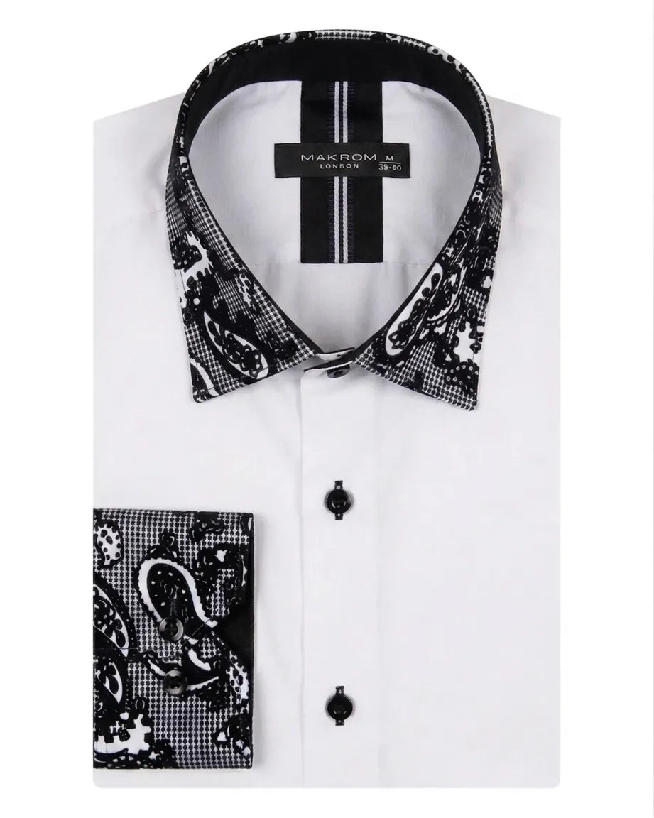 White dress shirt with black paisley patterned collar and cuff on a white background