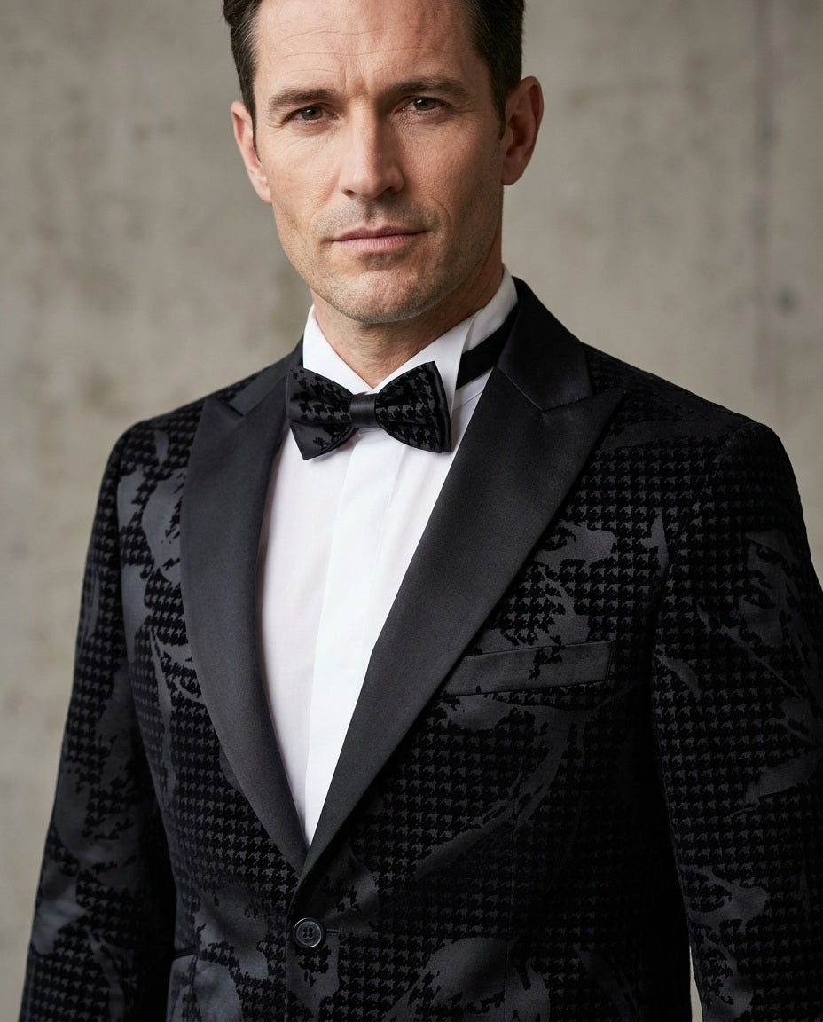 Black Paisley Flock Design Fashion Blazer & Matching Bow Tie