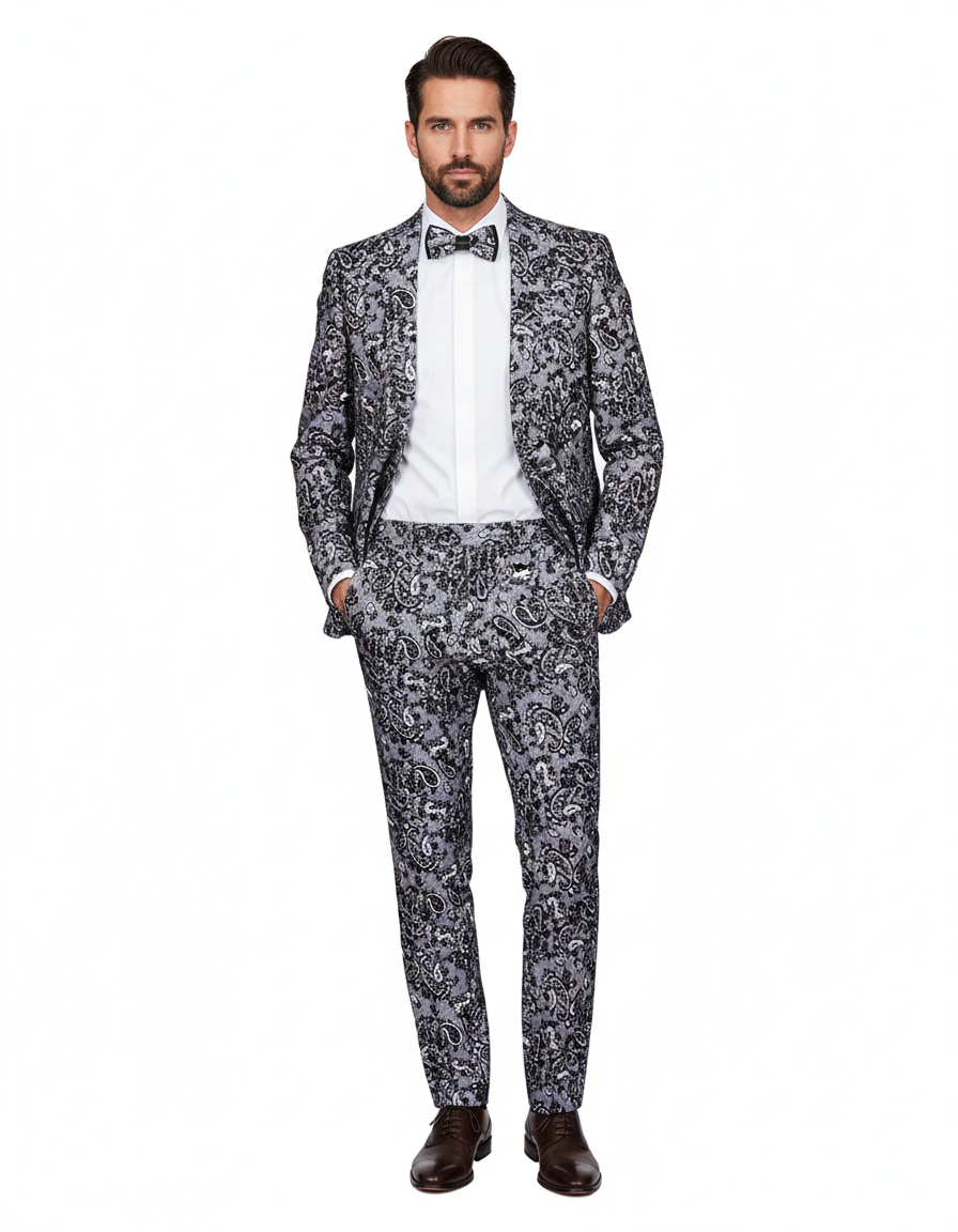Black & Paisley Three Piece Fashion Suit-Makrom