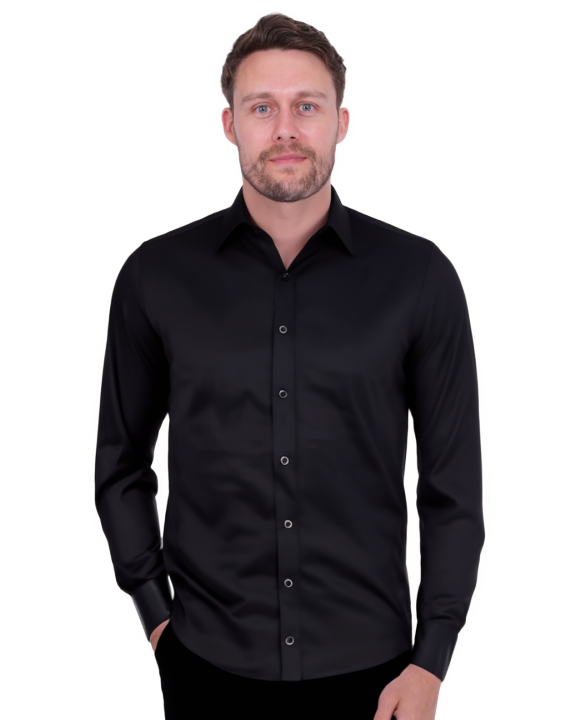 Black Plain Double Cuff Shirt-Makrom
