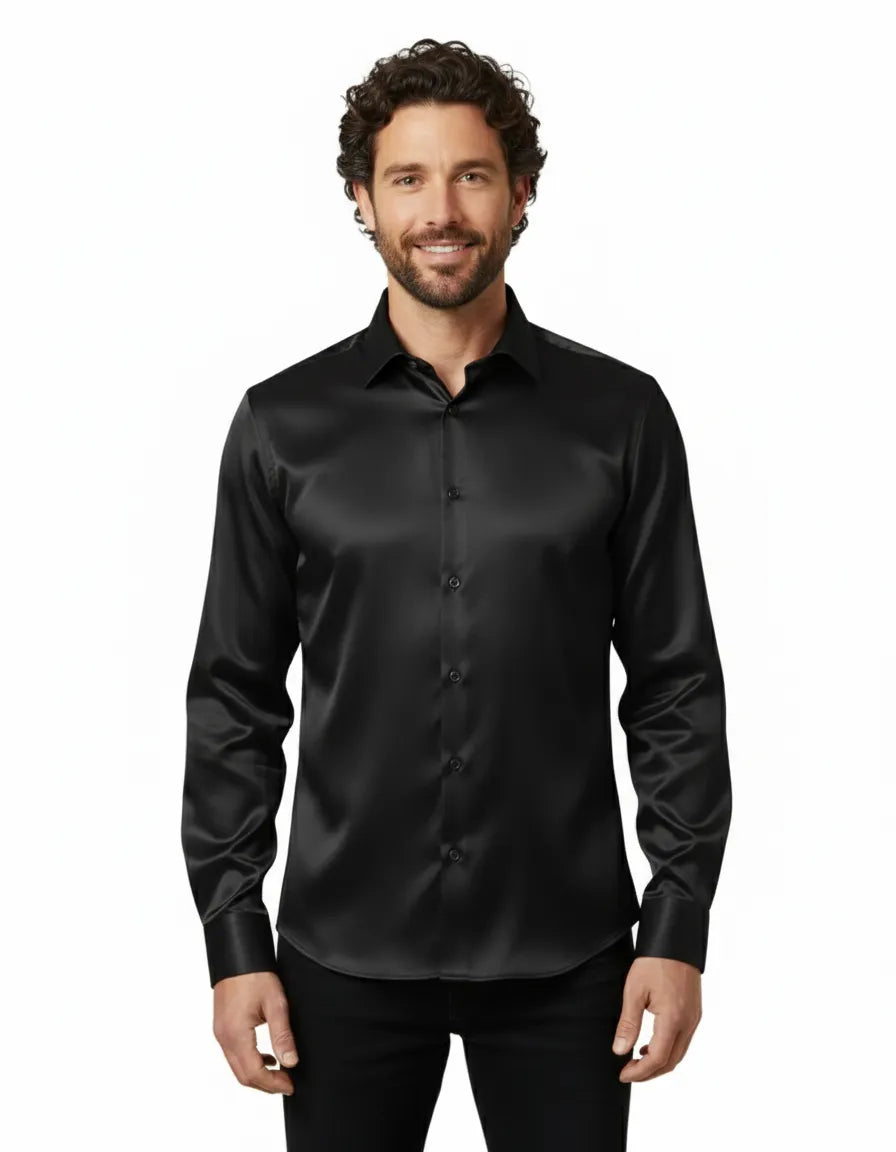 Black Plain Satin Classic Men’s Shirt-Makrom
