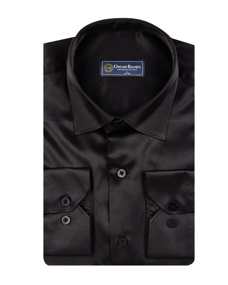 Black Plain Satin Classic Men’s Shirt-Makrom