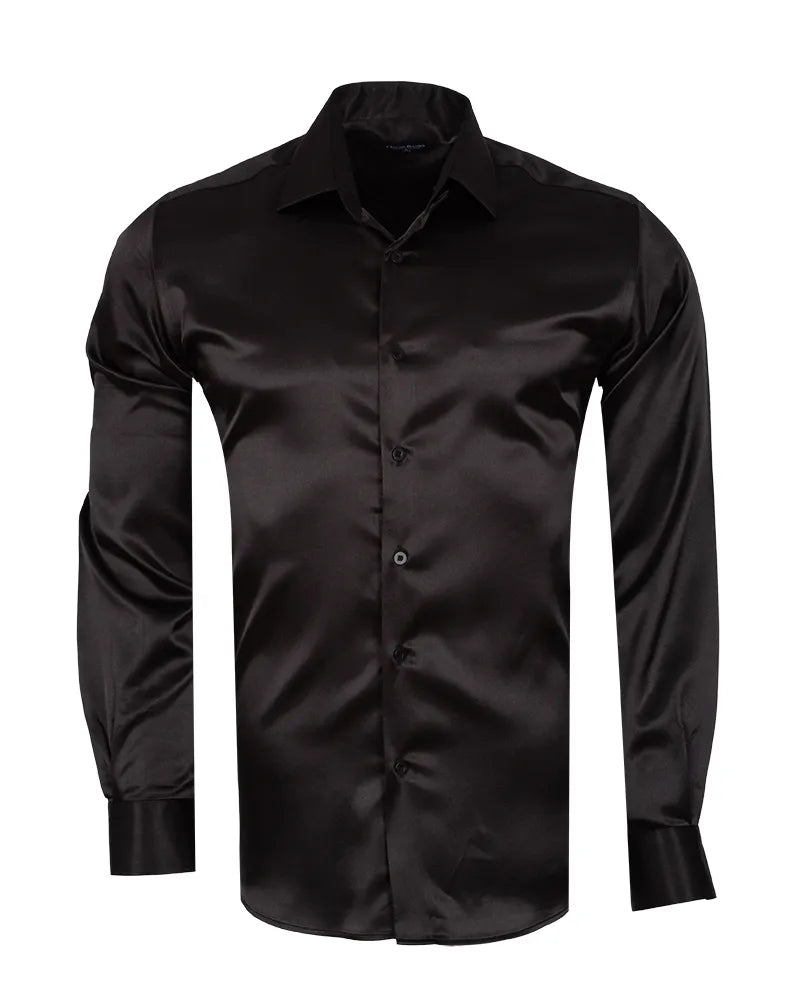 Black Plain Satin Classic Men’s Shirt-Makrom