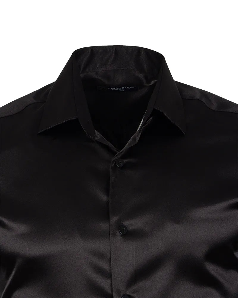 Black Plain Satin Classic Men’s Shirt-Makrom