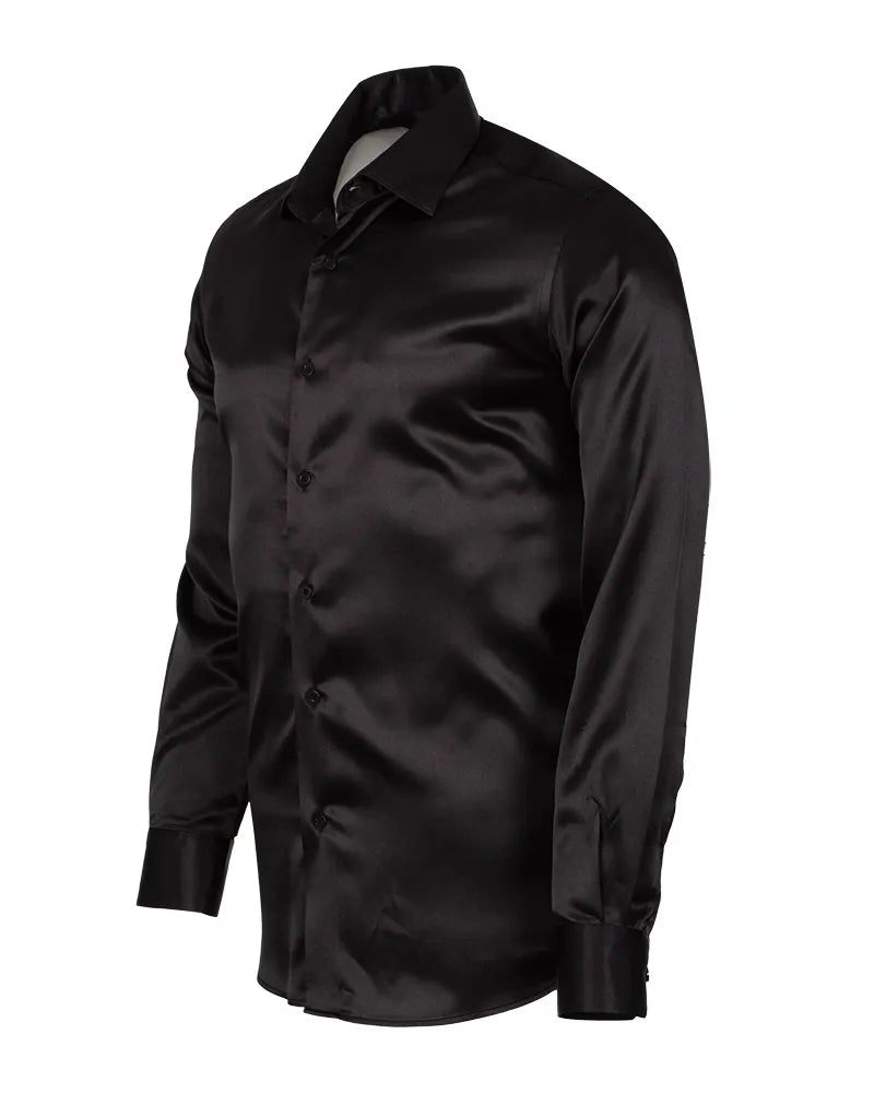 Black Plain Satin Classic Men’s Shirt-Makrom