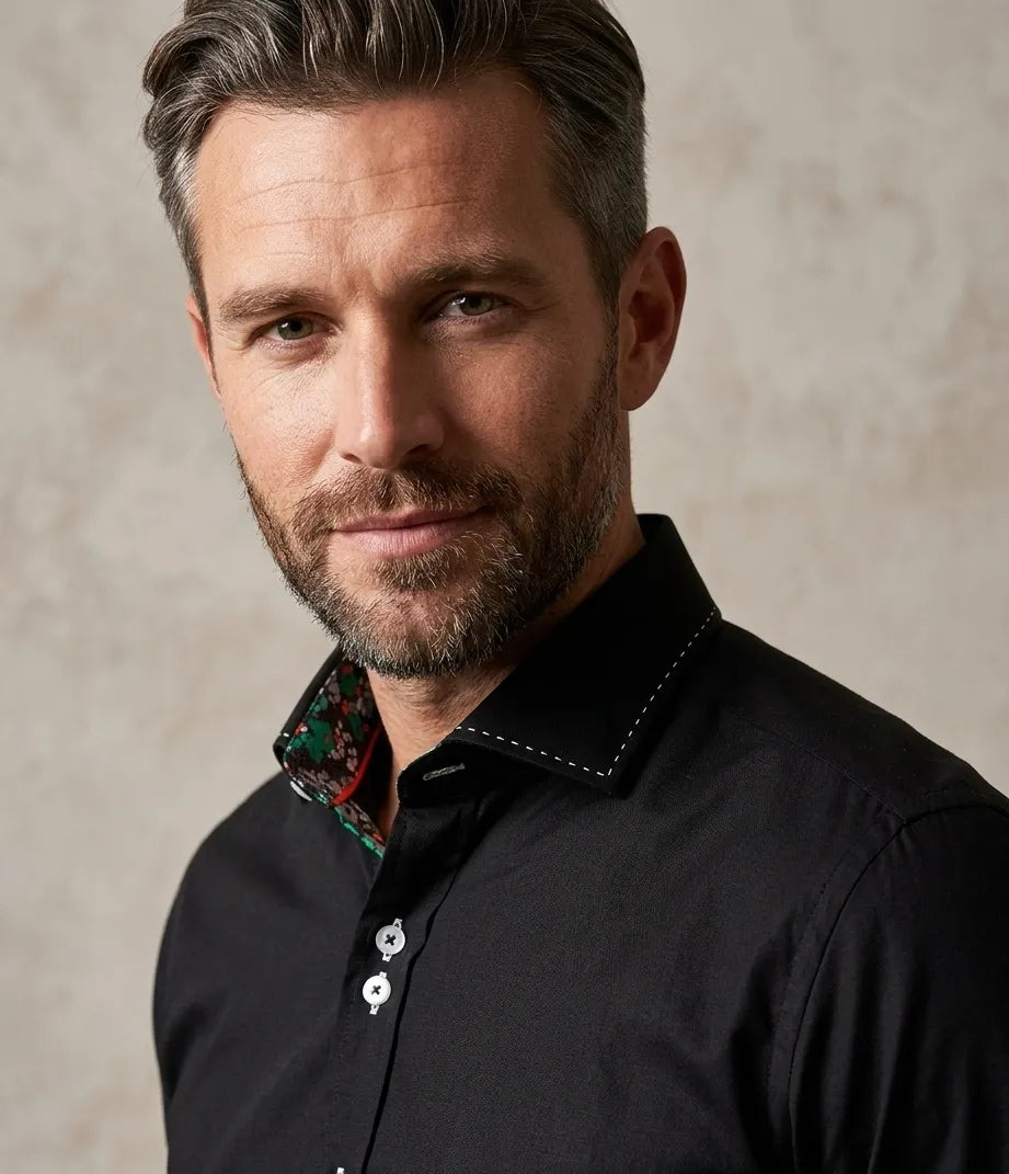 Black Plain Shirt with Contrasting Stitching on Collar