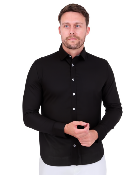Black Plain Small Collar Shirt With Floral Insert-Makrom